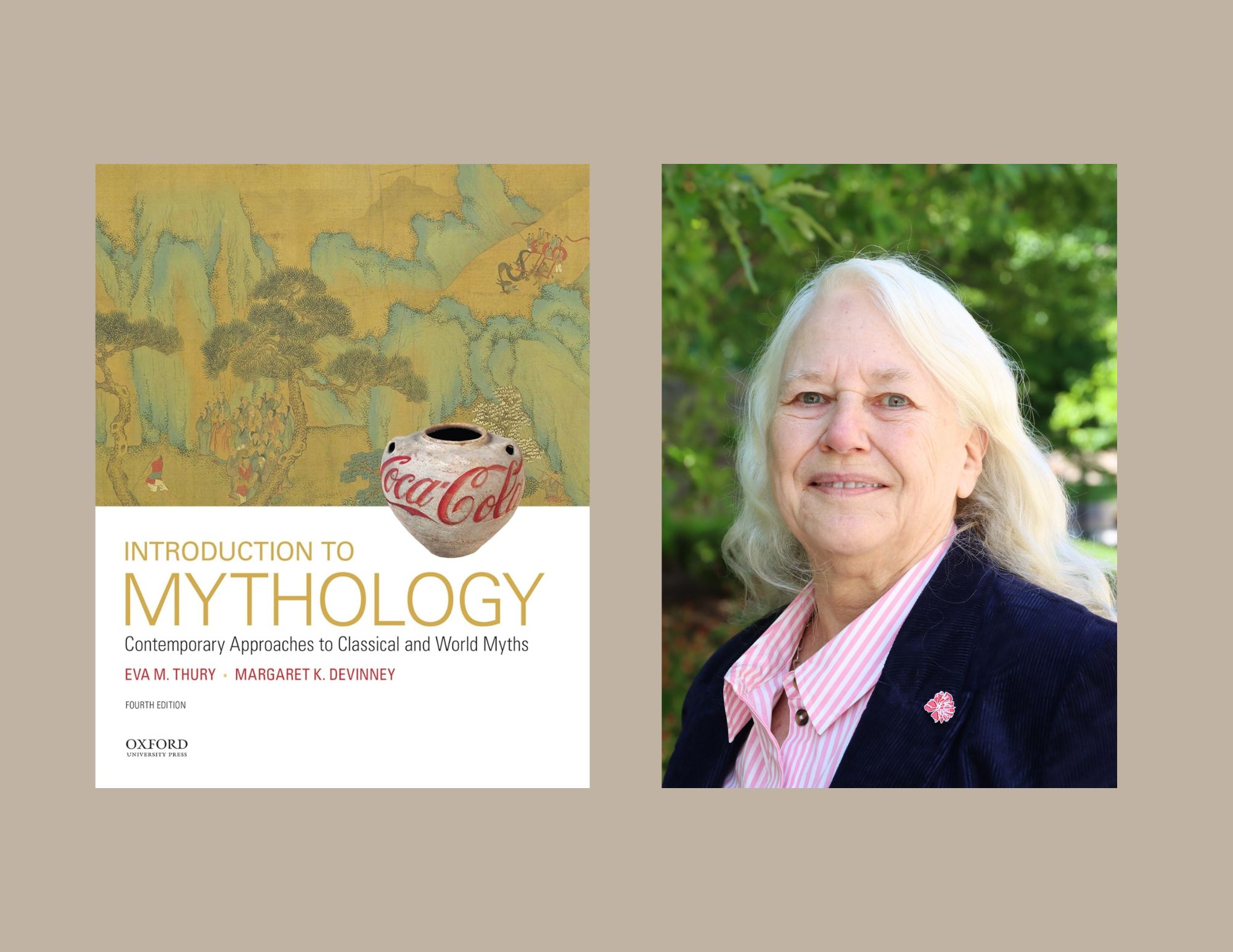 A lavender-grey background with two photos side-by-side. The first is the cover of Dr. Thury's book, "Introduction to Mythology: Contemporary Approaches to Classical and World Myths." The second is a headshot of Dr. Thury, smiling in front of trees. She is wearing a dark blue blazer, a pink pin, and a pink-and-white collared shirt.
